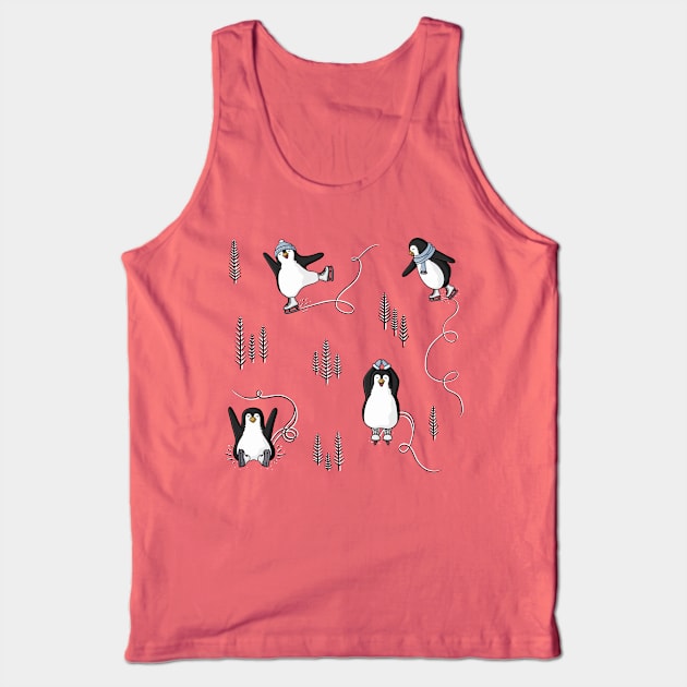 Cute Winter Iceskating Penguins Pattern Digital Illustration Tank Top by AlmightyClaire